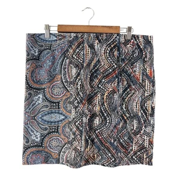 J. Jill Ponte Knit Pencil Skirt Gray Blue Paisley Print Pull On Stretch Waist LP - Picture 1 of 9